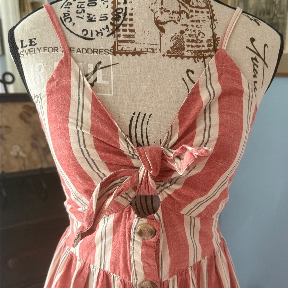 Japna Coral Red Creamy White Striped Tie-Front Button Up Spaghetti Strap Dress - Picture 3 of 12